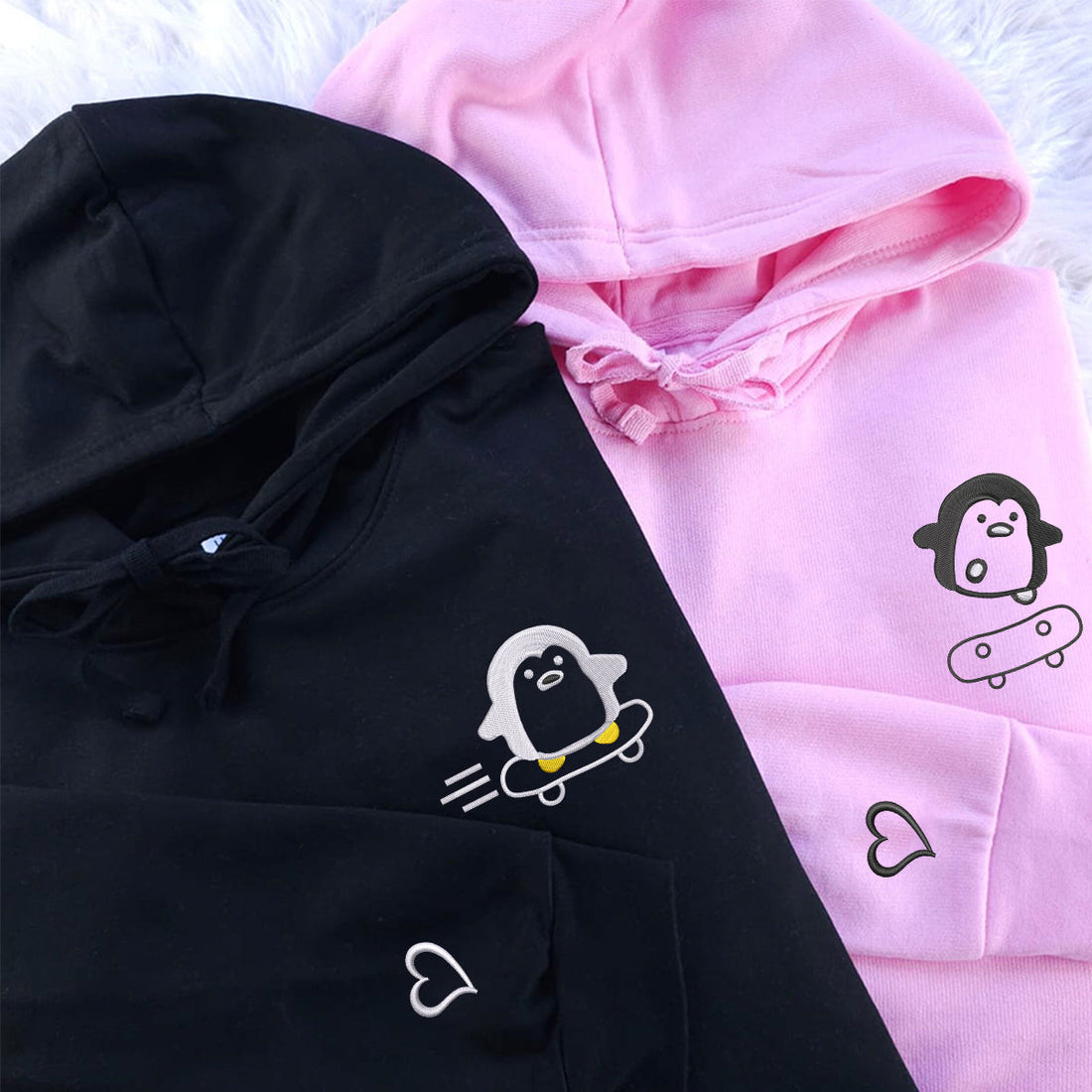 Custom Embroidered Skateboard Penguin Matching Hoodies for Couples