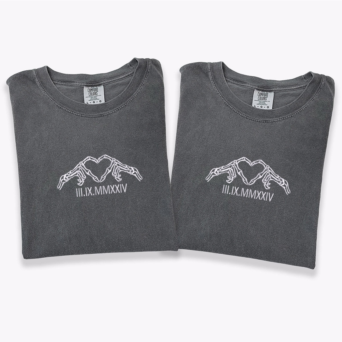 Custom Embroidered Skeleton Heart Roman Numeral Matching T-shirts for Couples