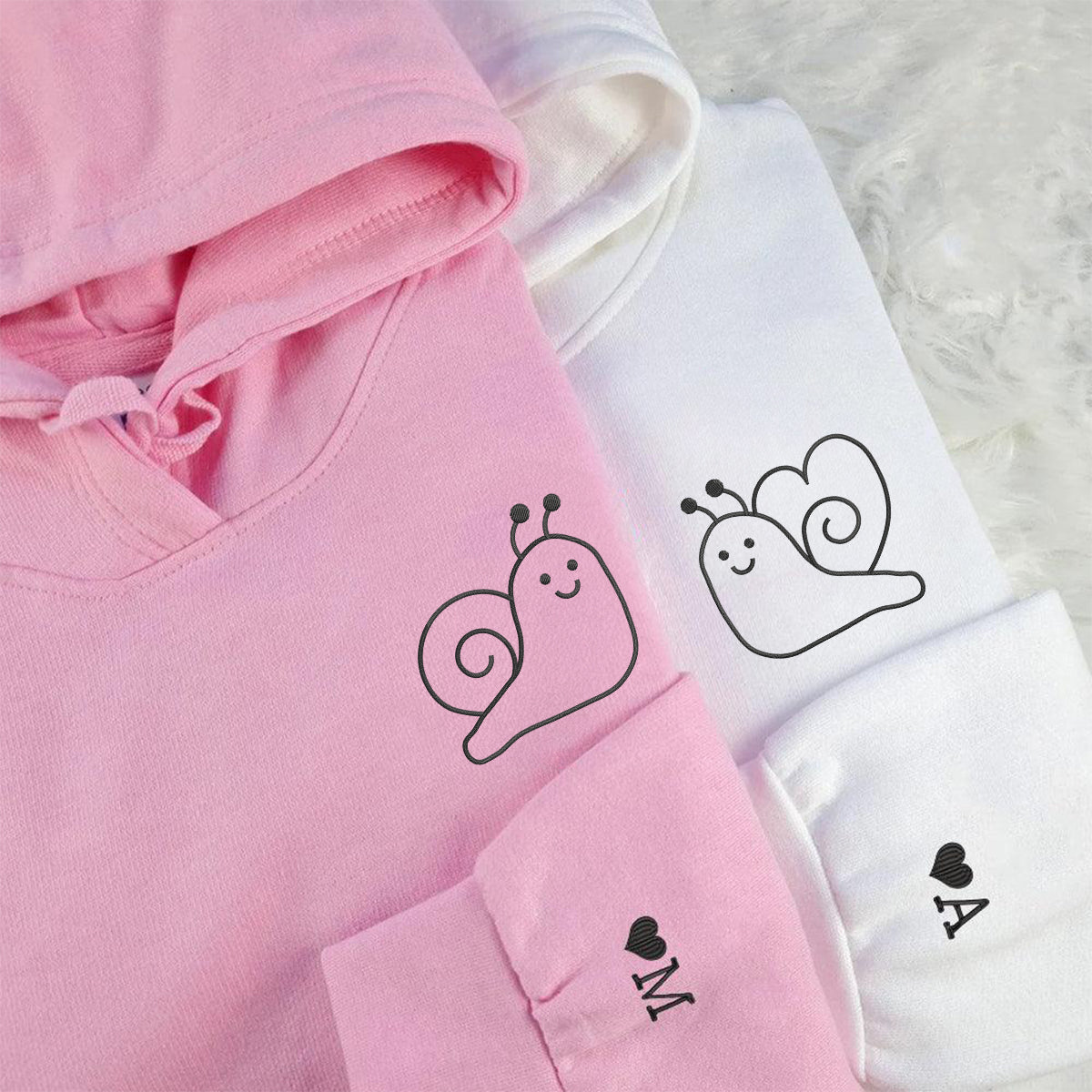 Custom Embroidered Snail Love Matching Hoodies for Couples