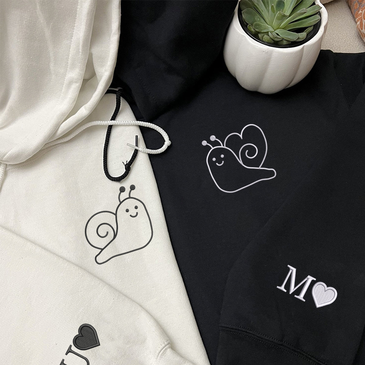 Custom Embroidered Snail Love Matching Hoodies for Couples
