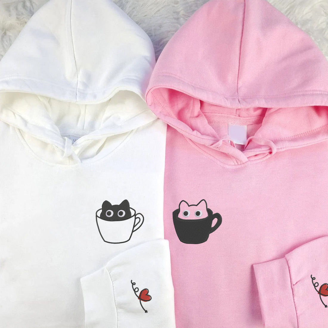Custom Embroidered Teacup Cat Matching Hoodies for Couples