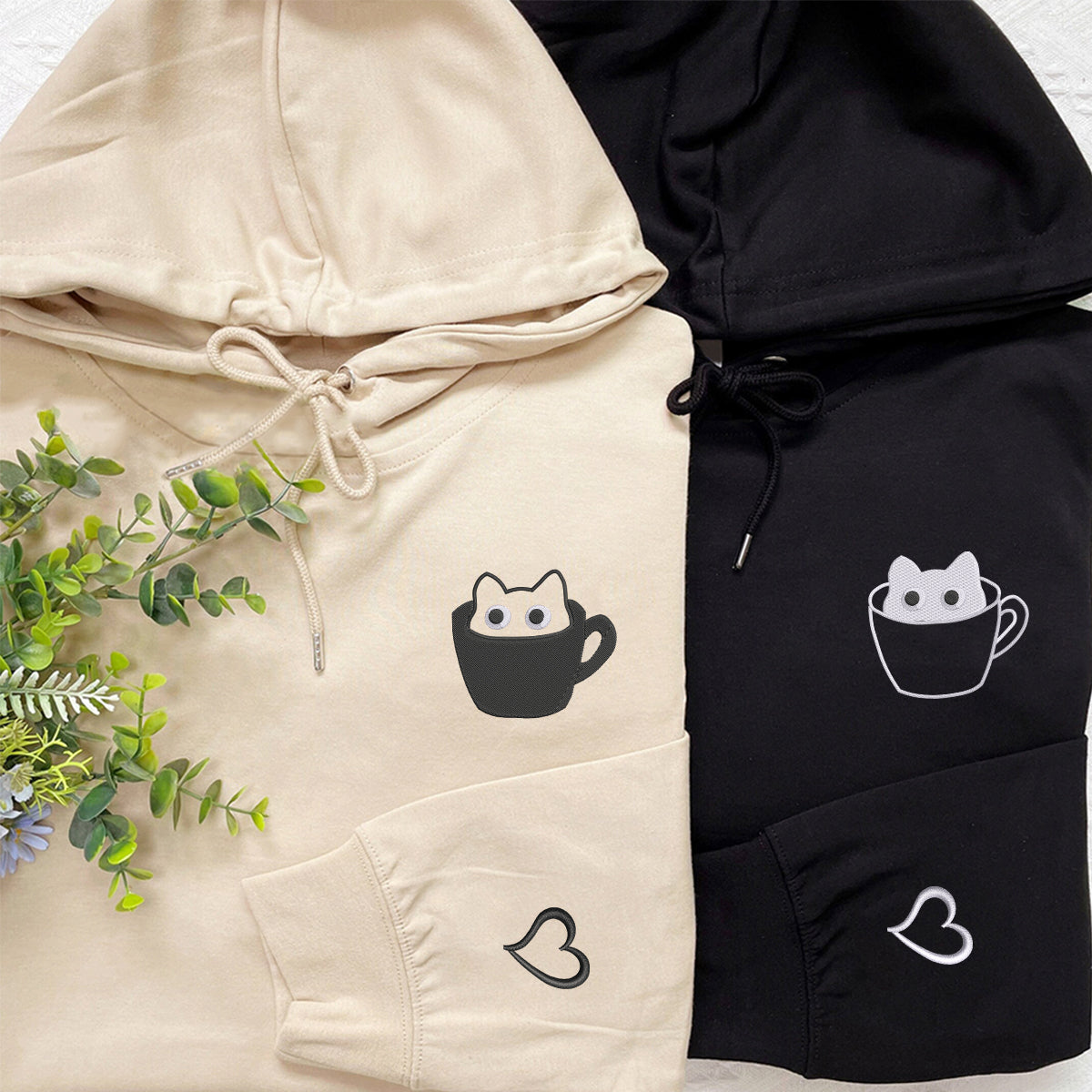 Custom Embroidered Teacup Cat Matching Hoodies for Couples
