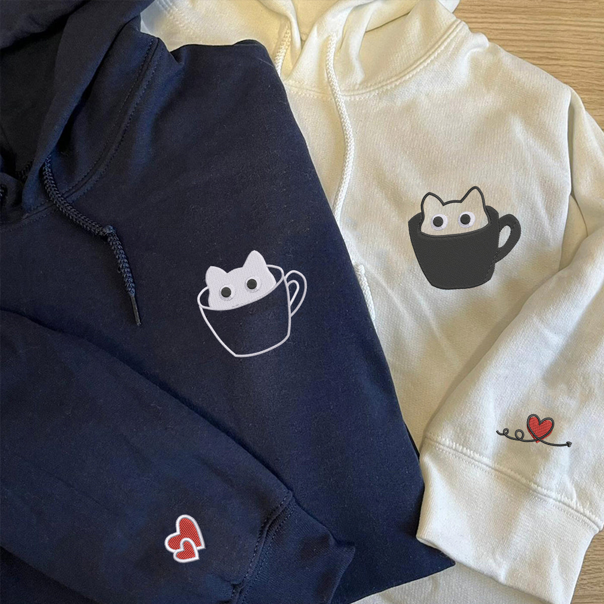 Custom Embroidered Teacup Cat Matching Hoodies for Couples