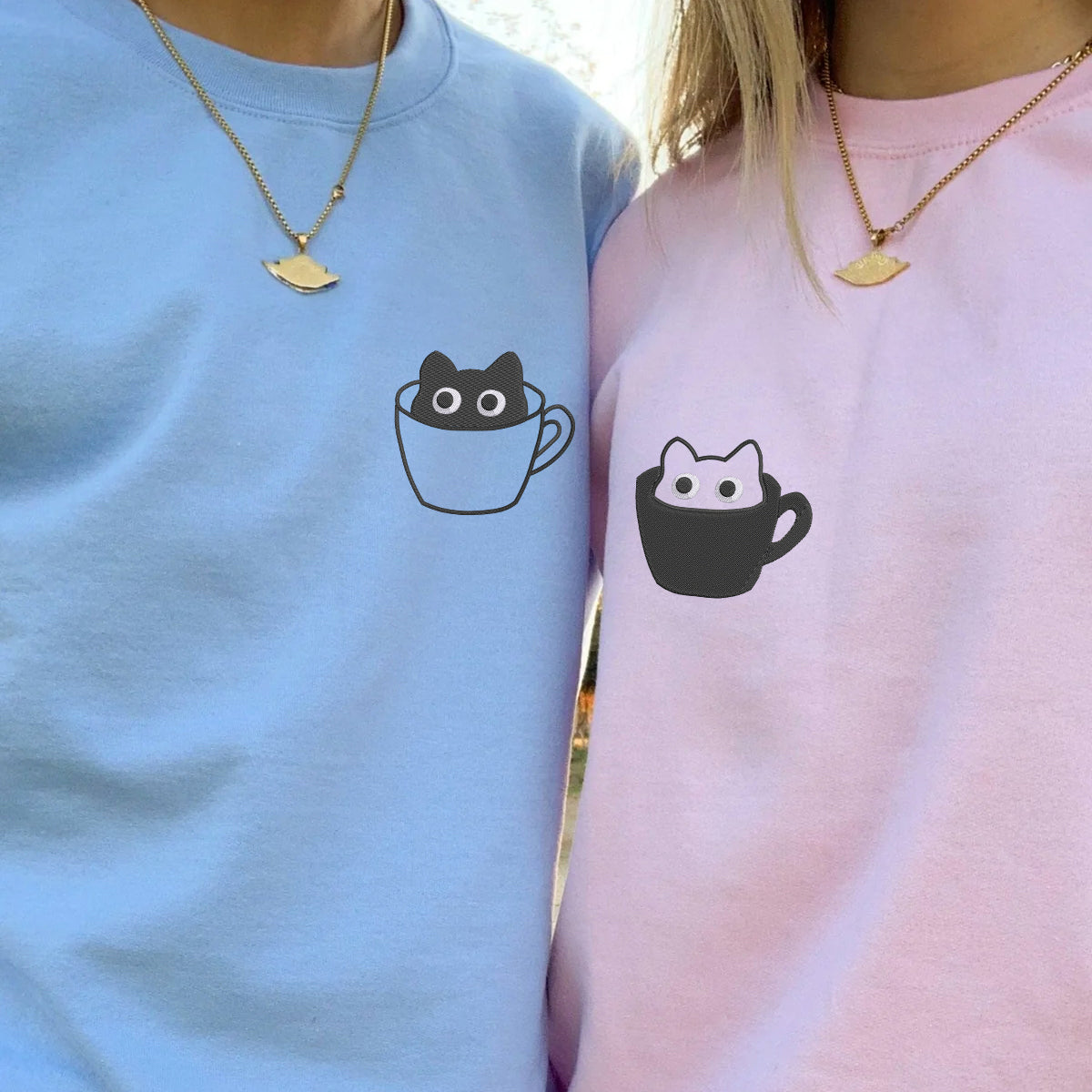 Custom Embroidered Teacup Cat Matching Hoodies for Couples