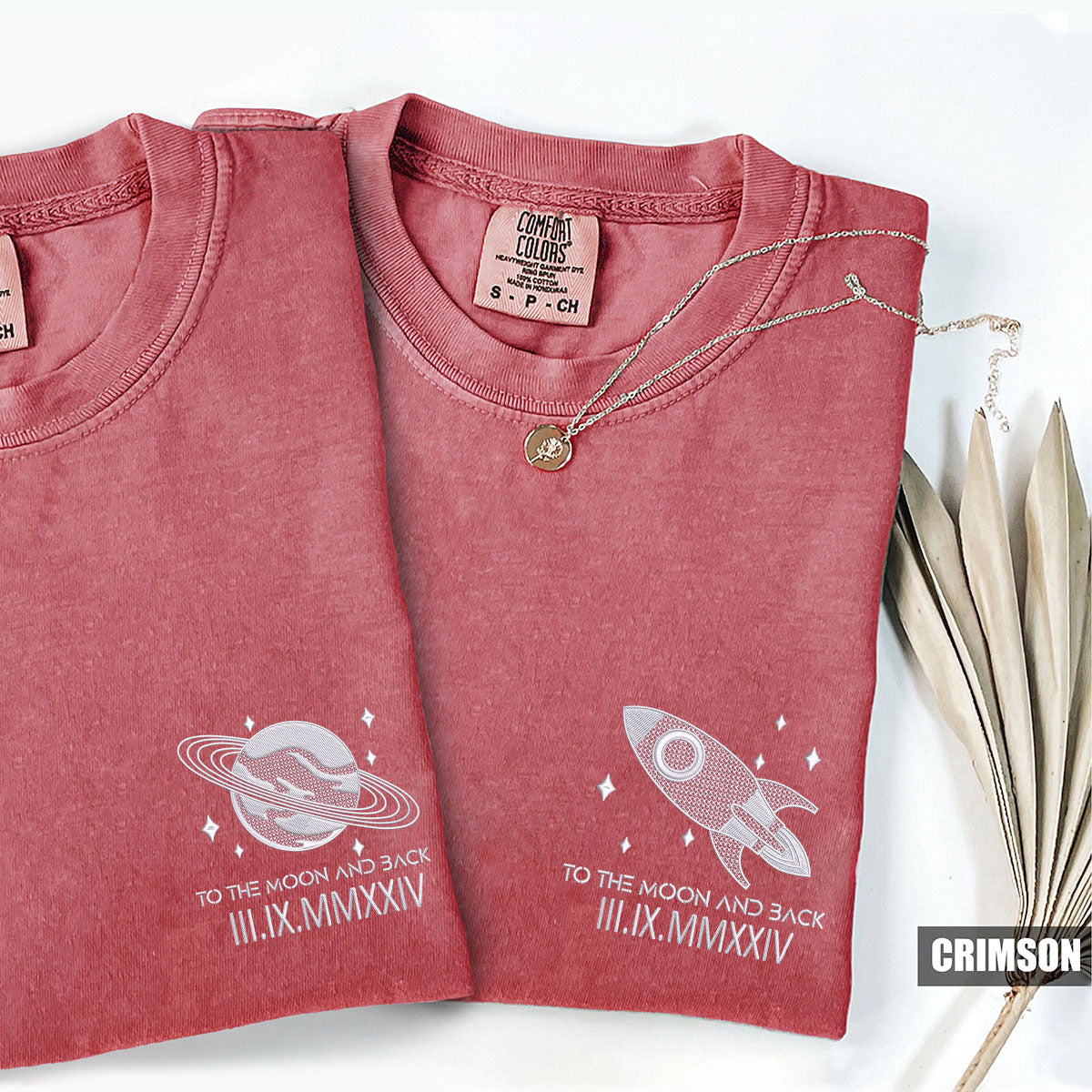 Custom Embroidered The Moon and Back Roman Numeral Matching T-shirts for Couples
