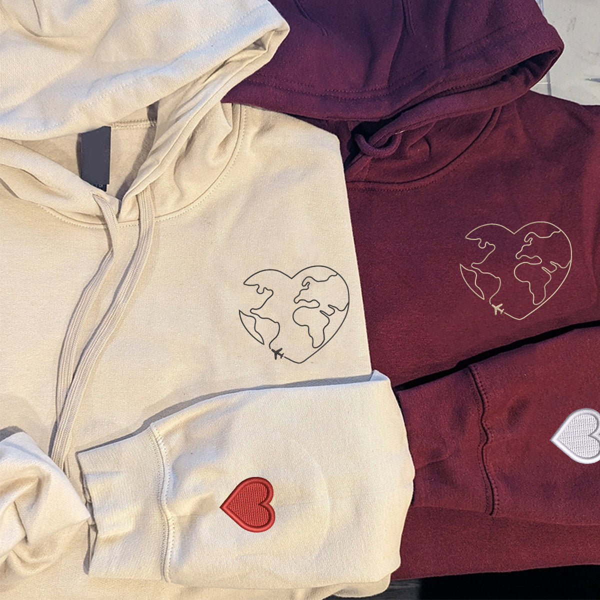 Custom Embroidered Travel Lovers Matching Hoodies for Couples