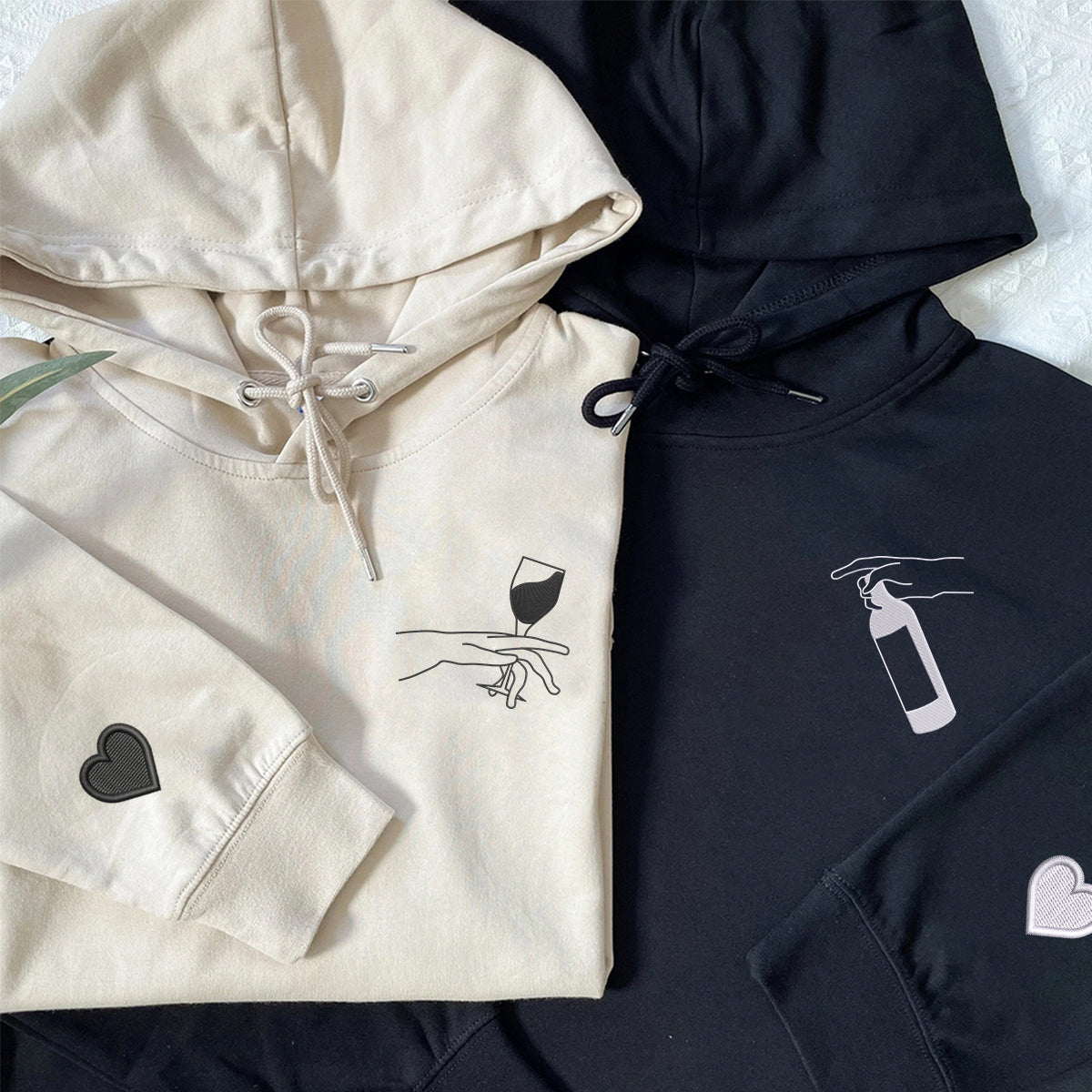 Custom Embroidered Wine Connecting People Matching Hoodies for Couples