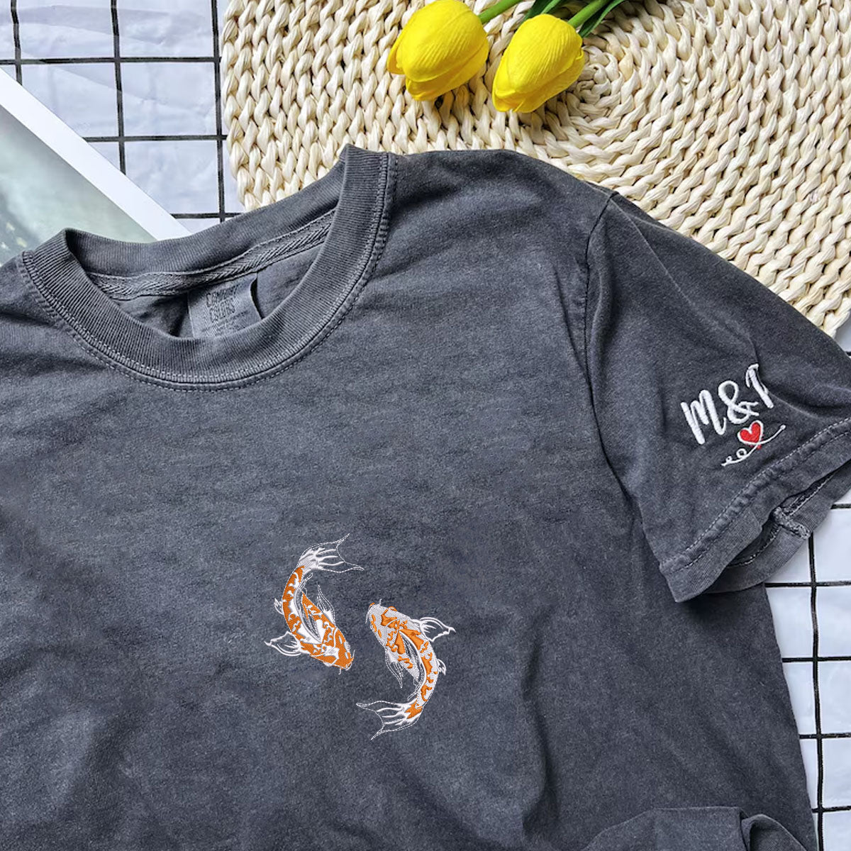 Custom Embroidered Yin & Yang Koi Fish Matching T-shirts for Couples