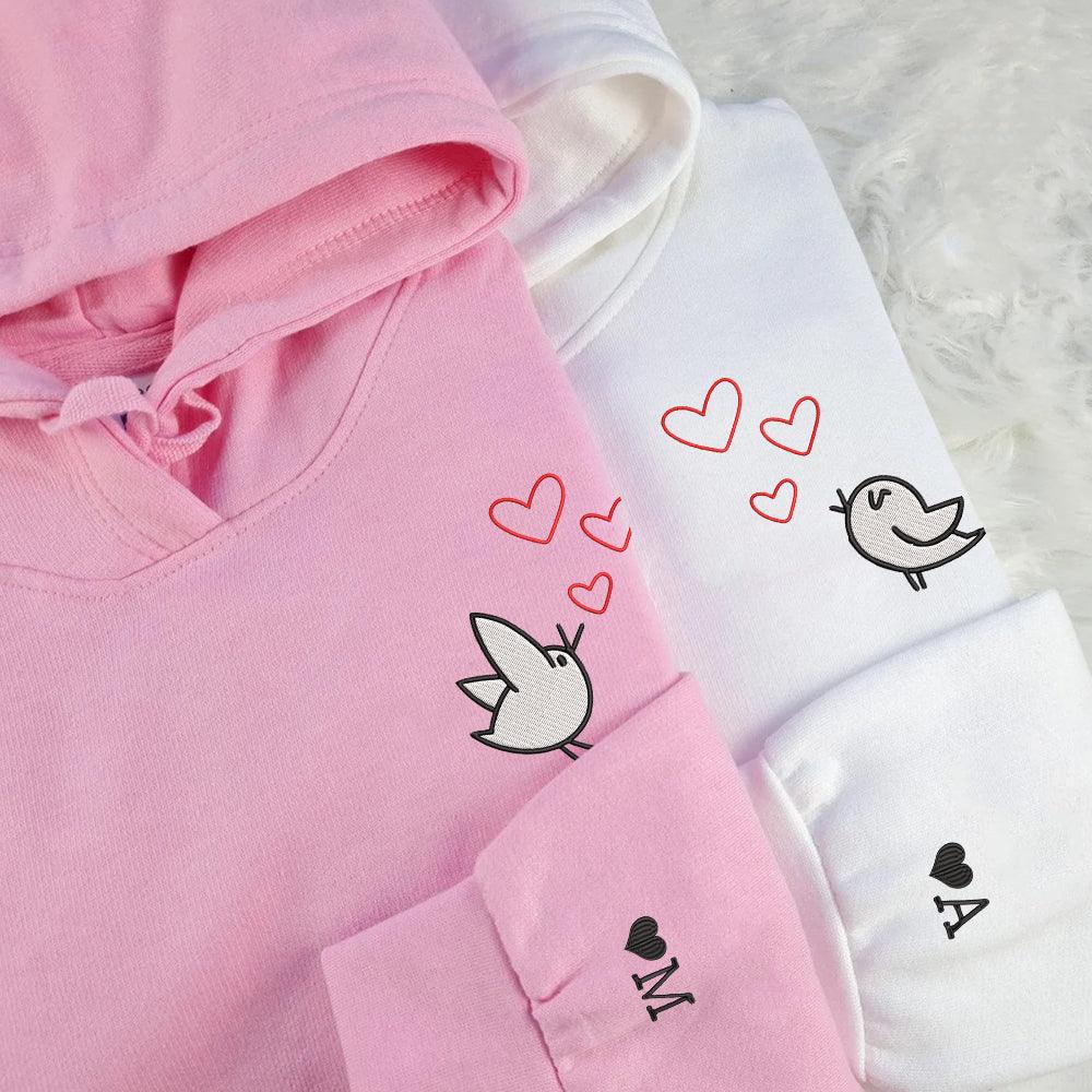 Cute Cartoon Birds Hearts Custom Embroidered Matching Hoodies For Couples