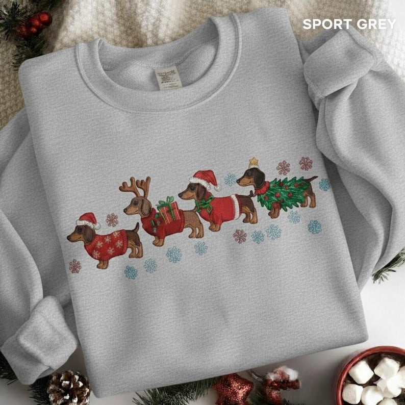 Dachshund Christmas Embroidered Sweatshirt, Christmas Sweater, Funny Dog Christmas Sweatshirt, Xmas Dachshund Sweatshirt, Winter Dog Sweater