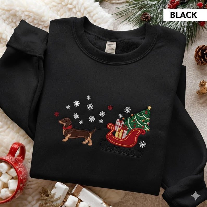 Dachshund Christmas Embroidered Sweatshirt, Xmas Dachshund Sweatshirt, Wiener Dog Holiday Christmas Sweater, Funny Dog Christmas Sweatshirt