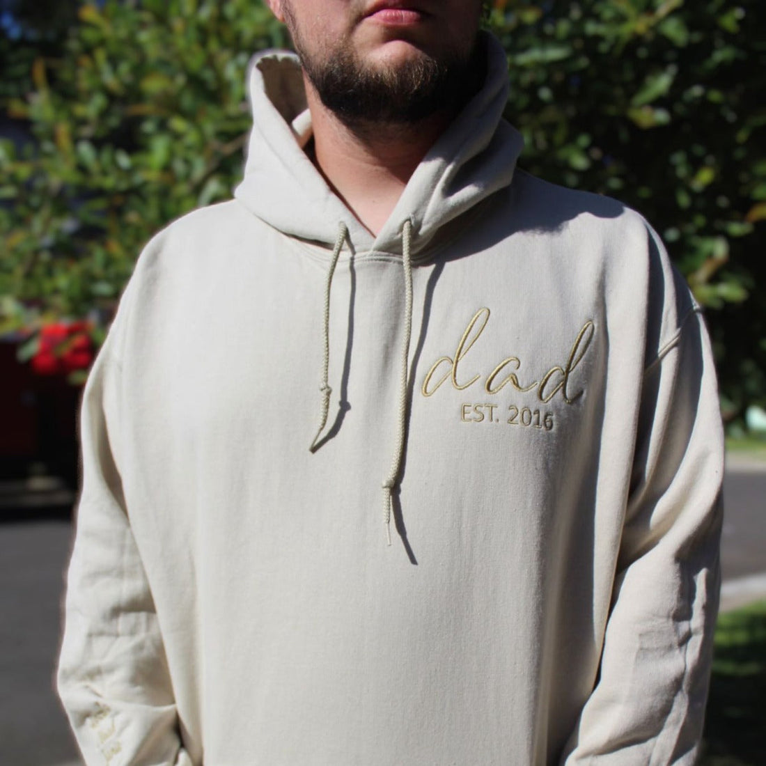 Dad Est Sweatshirt or Hoodie, Embroidered Gift for Dad with Kids Name on Sleeve
