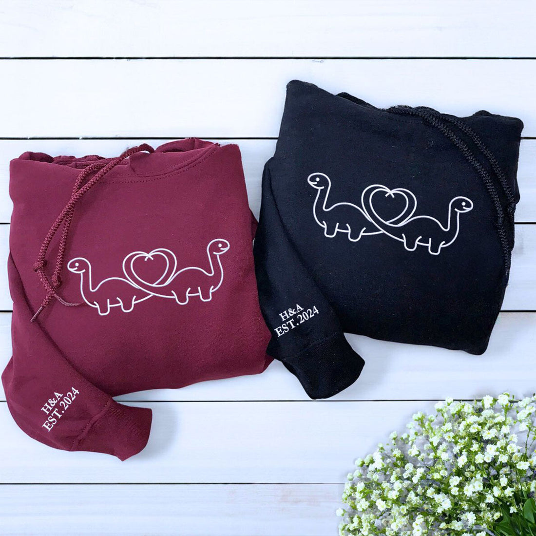 Custom Embroidered Dinosaur Heart Matching Sweatshirt or Hoodie
