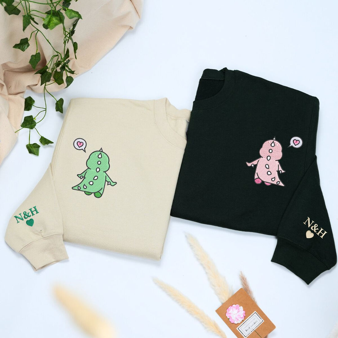 Custom Embroidered Dinosaur Holding Hands Matching Sweatshirt or Hoodie