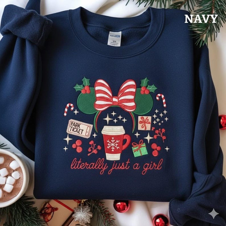 Disney Literally Just A Girl Christmas Embroidered Sweatshirt, Minnie Bow Shirt, Disneyland Christmas Tis the Season Shirt, Disney Christmas