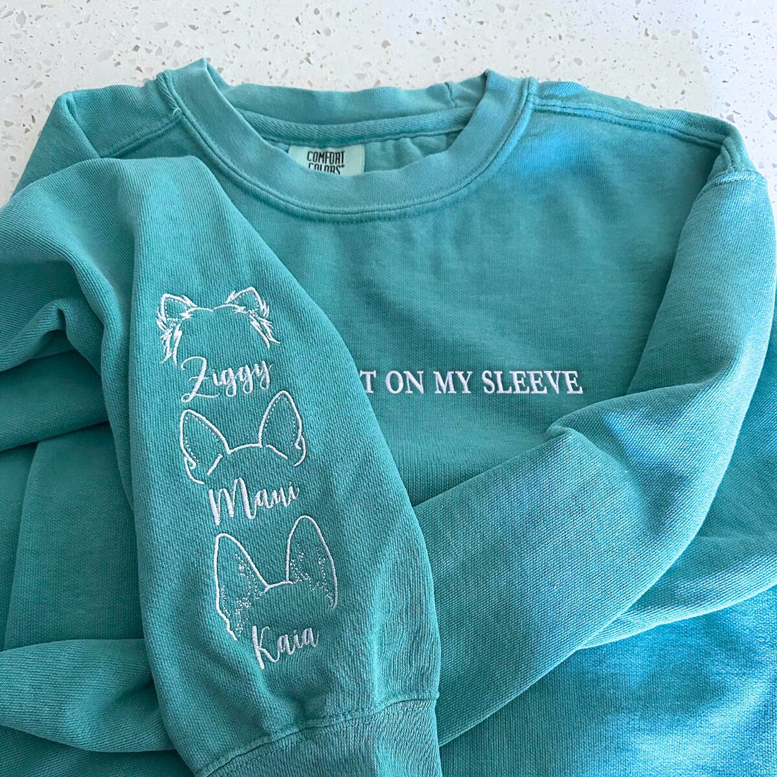 Comfort ColorÂ® In My Dog Mom Era Sweatshirt with Custom Embroidered Dog Ear on Sleeve