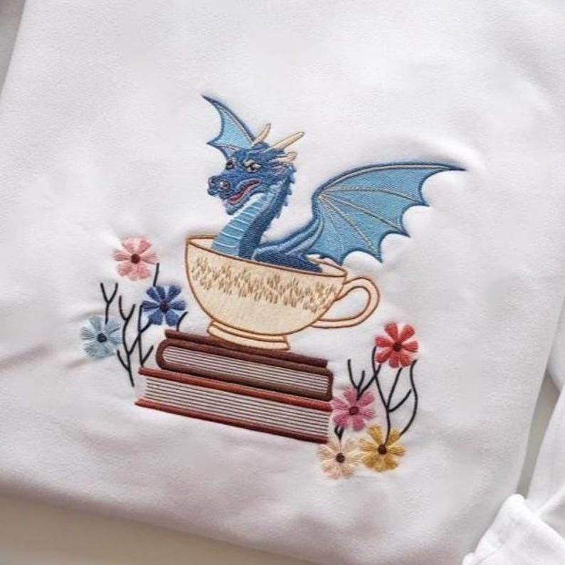 Dragon and Book Tea Embroidered Sweatshirt, Fantasy Reader Sweatshirt, Perfect Literary Gift for Book Lovers & Readers, Fantasy Dragon Shirt
