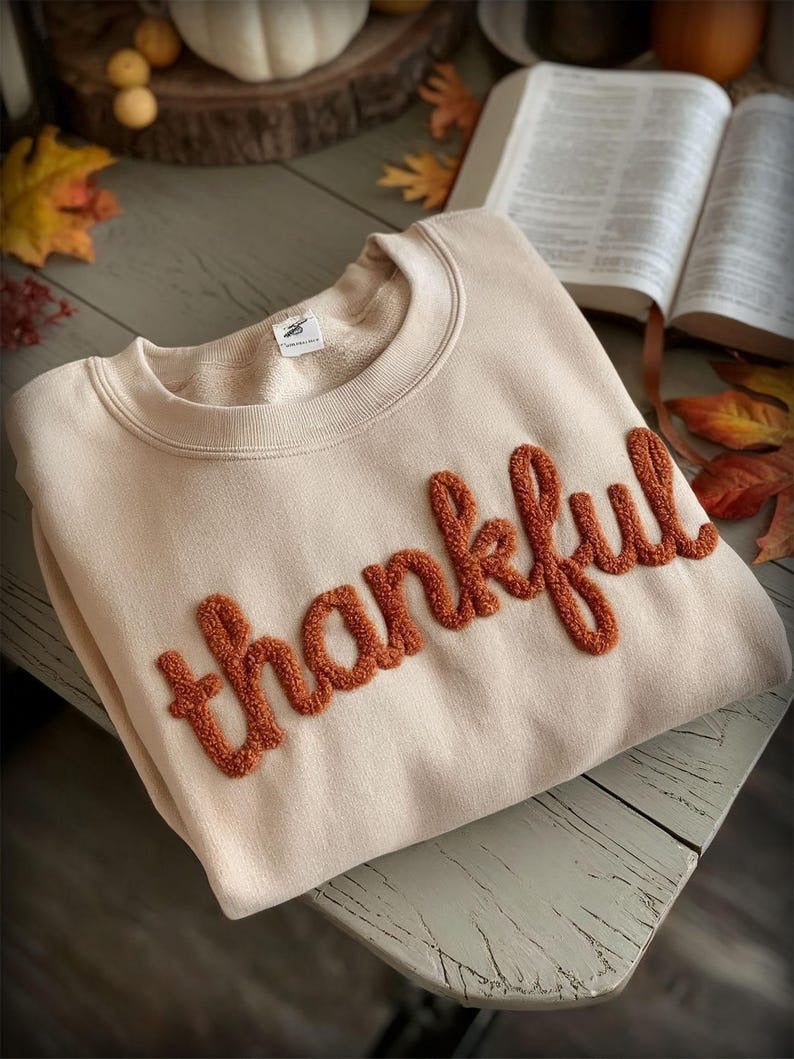EMBROIDERED Sweatshirt THANKFUL Chenille YARN Sweatshirt Christian Gifts Custom Personalized Fall shirt Autumn Shirt Trendy Trending Gifts