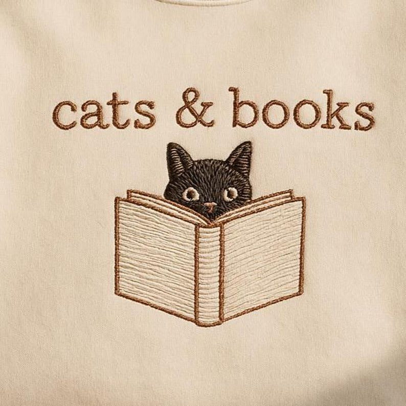 Embroidered Cats and Books Sweatshirt, Book Lover Shirt, Bookish Shirt, Reading Shirt, Gift for Cat Lover, Bookish Cat Shirt,Librarian Shirt