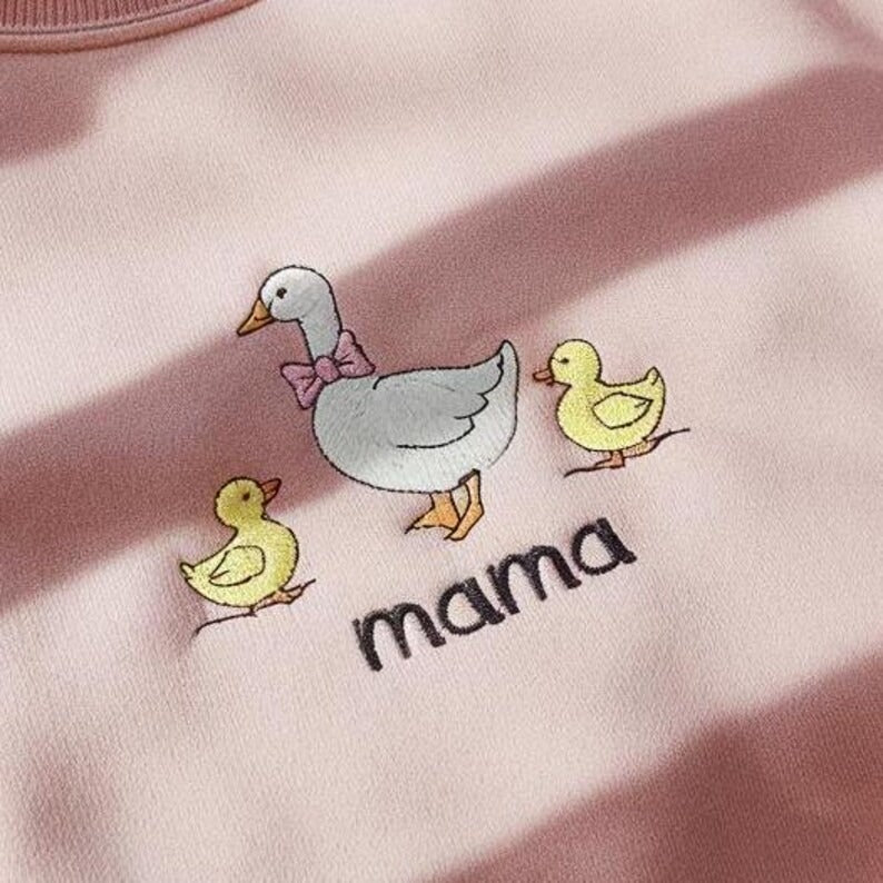 Embroidered Coquette Mama Goose Sweatshirt, Coquette Goose Mom Shirt, Geese Family Shirt, Duck Family Crewneck, Duck Mama Bow Ribbon Shirt