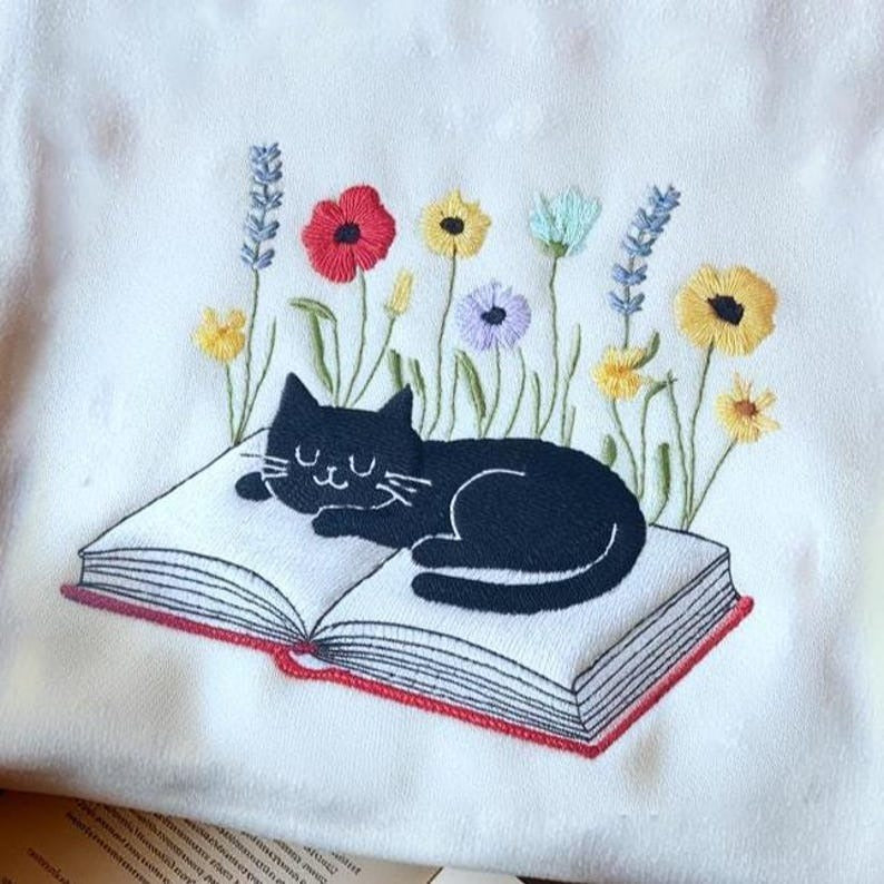 Embroidered Floral Cat Book Sweatshirt, Cat Lover Shirt, Cat Book Shirt, Cat Lover Gift, Cute Cat Shirt, Book Cat Shirt, Book Lover Sweater