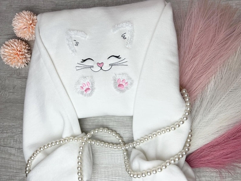 Embroidered Kitten Sweatshirt, Friendly Fluffy Cats, Ebroidered Fluffy Paws Kitten Fringed Fur .