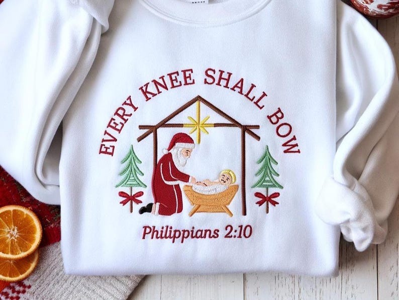 Every Knee Shall Bow Embroidered Sweatshirt, Nativity Scene Shirt, Christian Shirt, Faith Based Shirt Religious Shirt, Christmas Sweatshirt