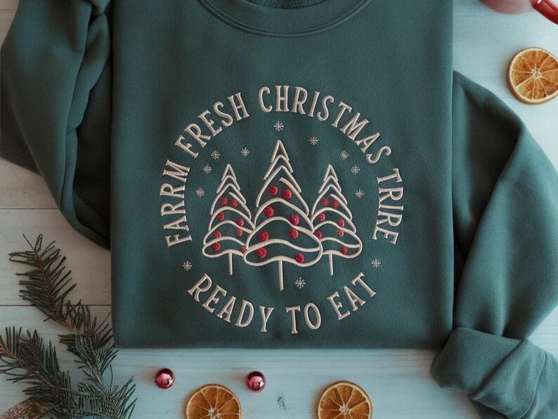 Farm Fresh Christmas Tree Embroidered Sweatshirt, Christmas Tree Cake Shirt, Christmas Cake Sweatshirt, Christmas Shirt, Cute Holiday Shirt