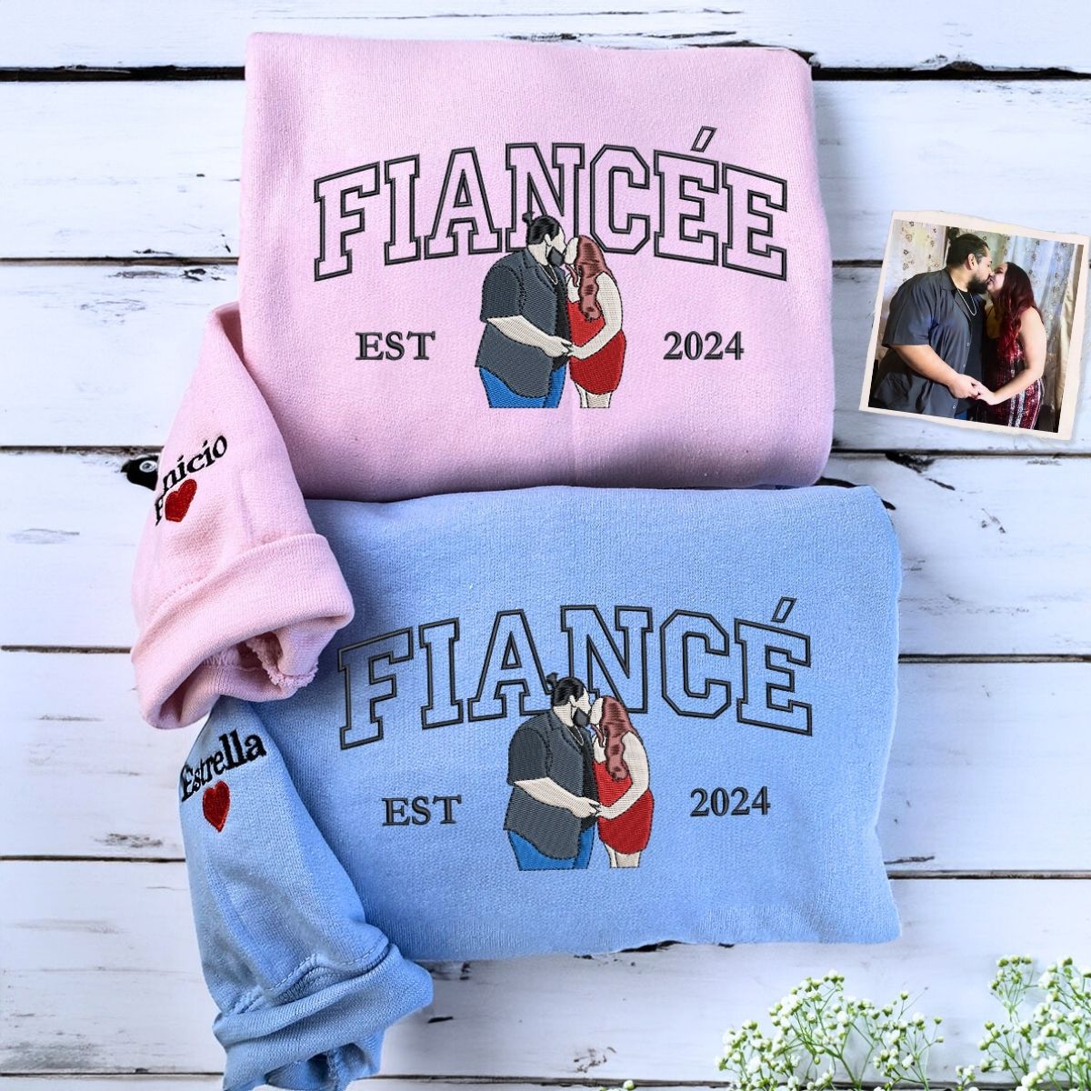 Custom Varsity Fiancee and Fiance Sweatshirt or Hoodie, Embroidered Gift for Couple