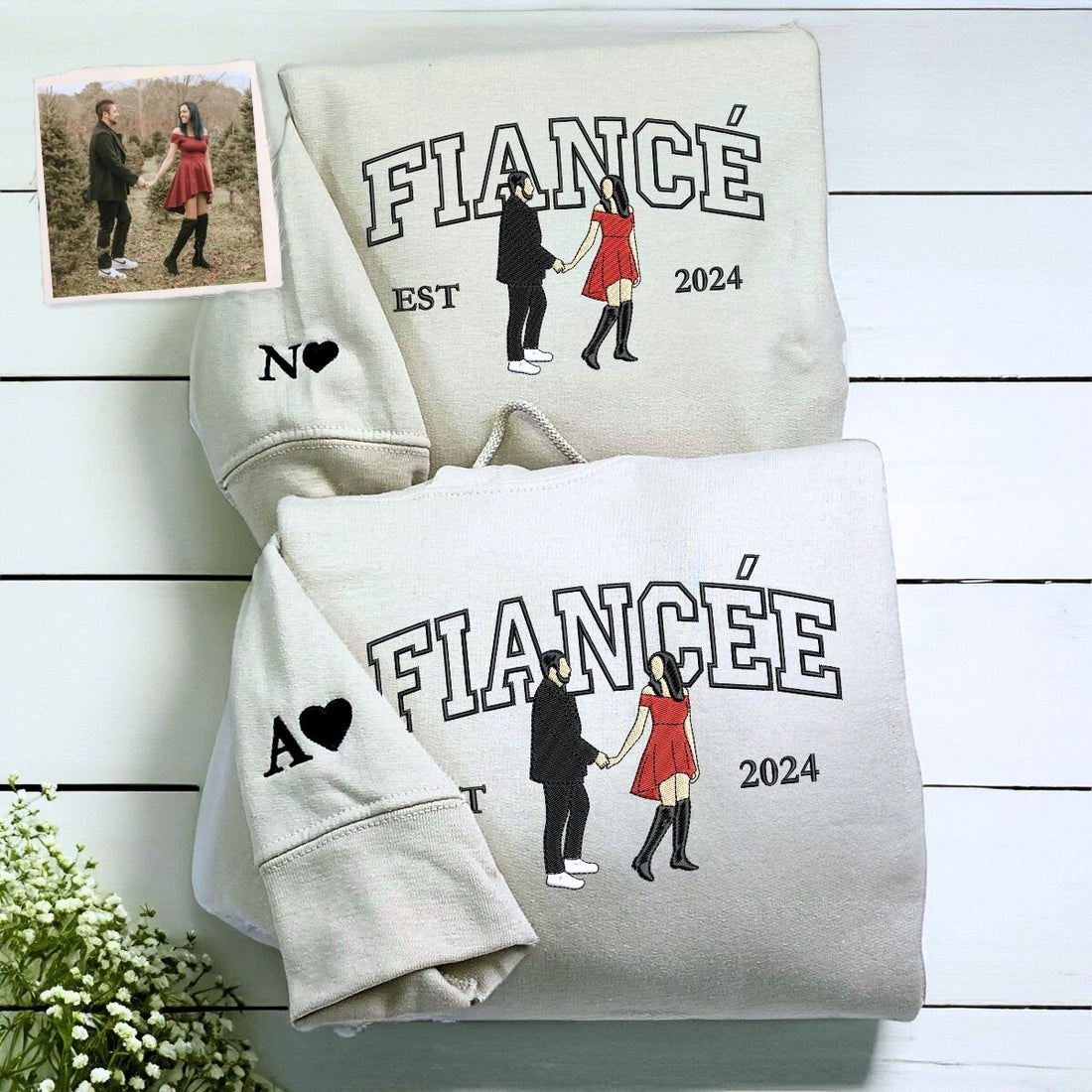 Custom Varsity Fiancee and Fiance Sweatshirt or Hoodie, Embroidered Gift for Couple