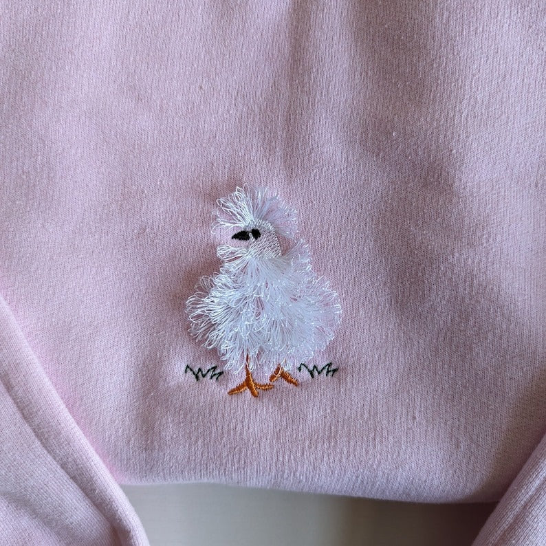 Fluffy Chicken Fringe Sweatshirt, Silkie Chicken, Embroidered Chicken sweatshirt