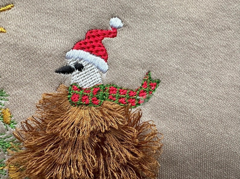 Funny Santa Chicken and Christmas Tree Fluffy Embroidered Sweatshirt, Fringe Embroidered Sweatshirt, Embroidered Sweatshirt