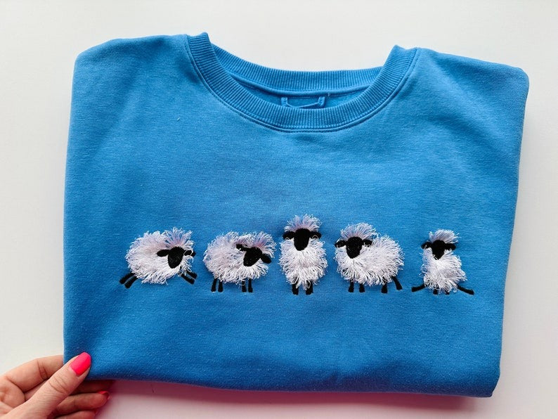 Fuzzy Sheep Fluffy Embroidered Sweatshirt, Fringe Embroidered Sweatshirt, Embroidered Sweatshirt
