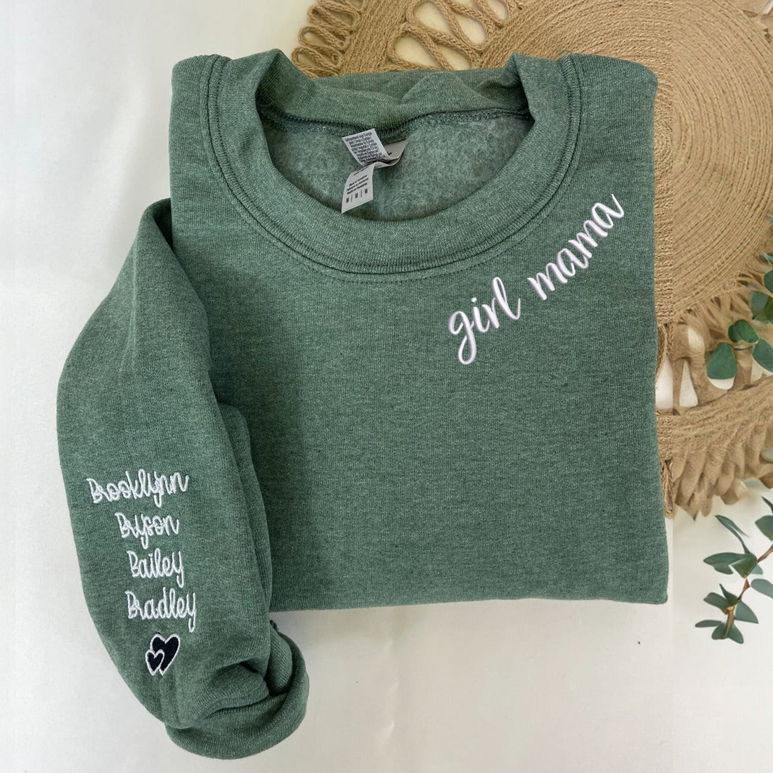 Girl Mama Sweatshirt or Hoodie with Kid Names on Sleeve - Embroidered Gift for Girl Mama
