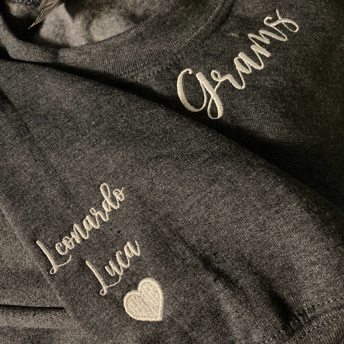 Custom Embroidered Gram Sweatshirt with GrandKids Names on Sleeve