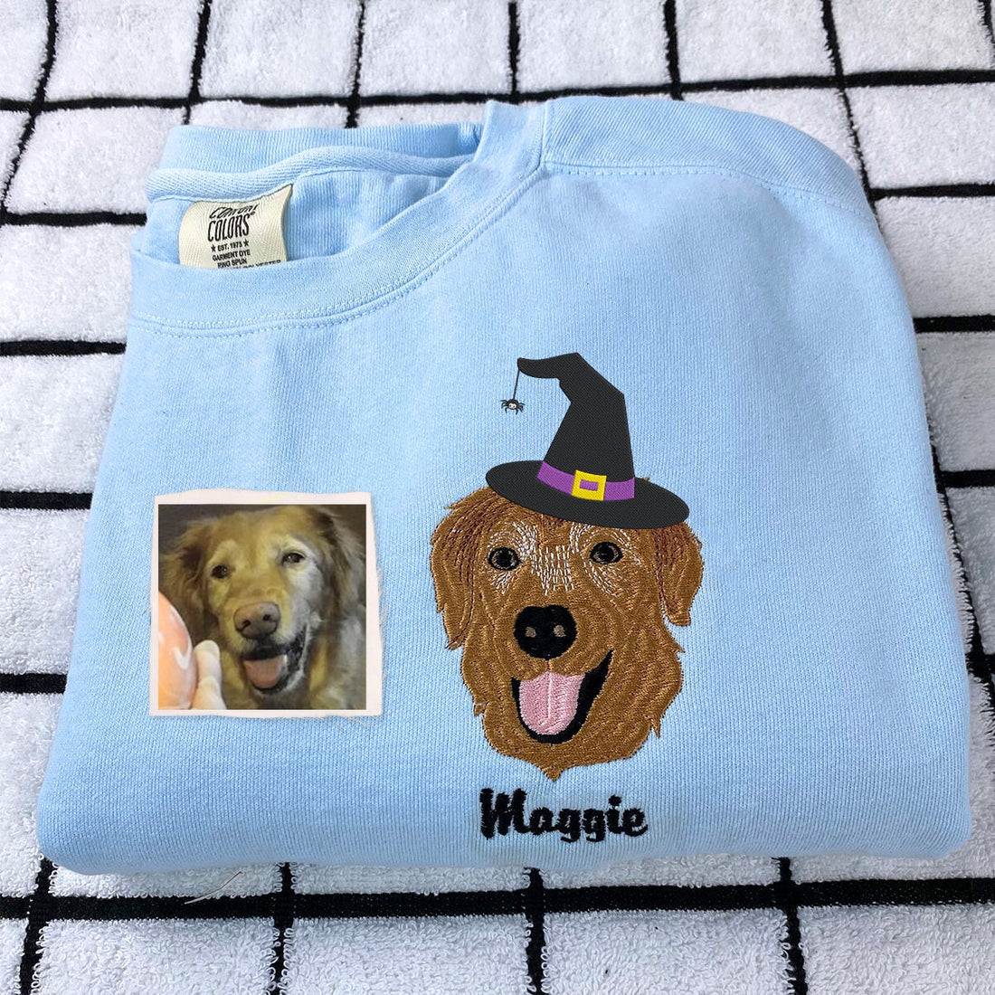 Comfort ColorsÂ® Custom Embroidered Dog Portrait with Halloween Witch Hat Portrait T-Shirt or Sweatshirt