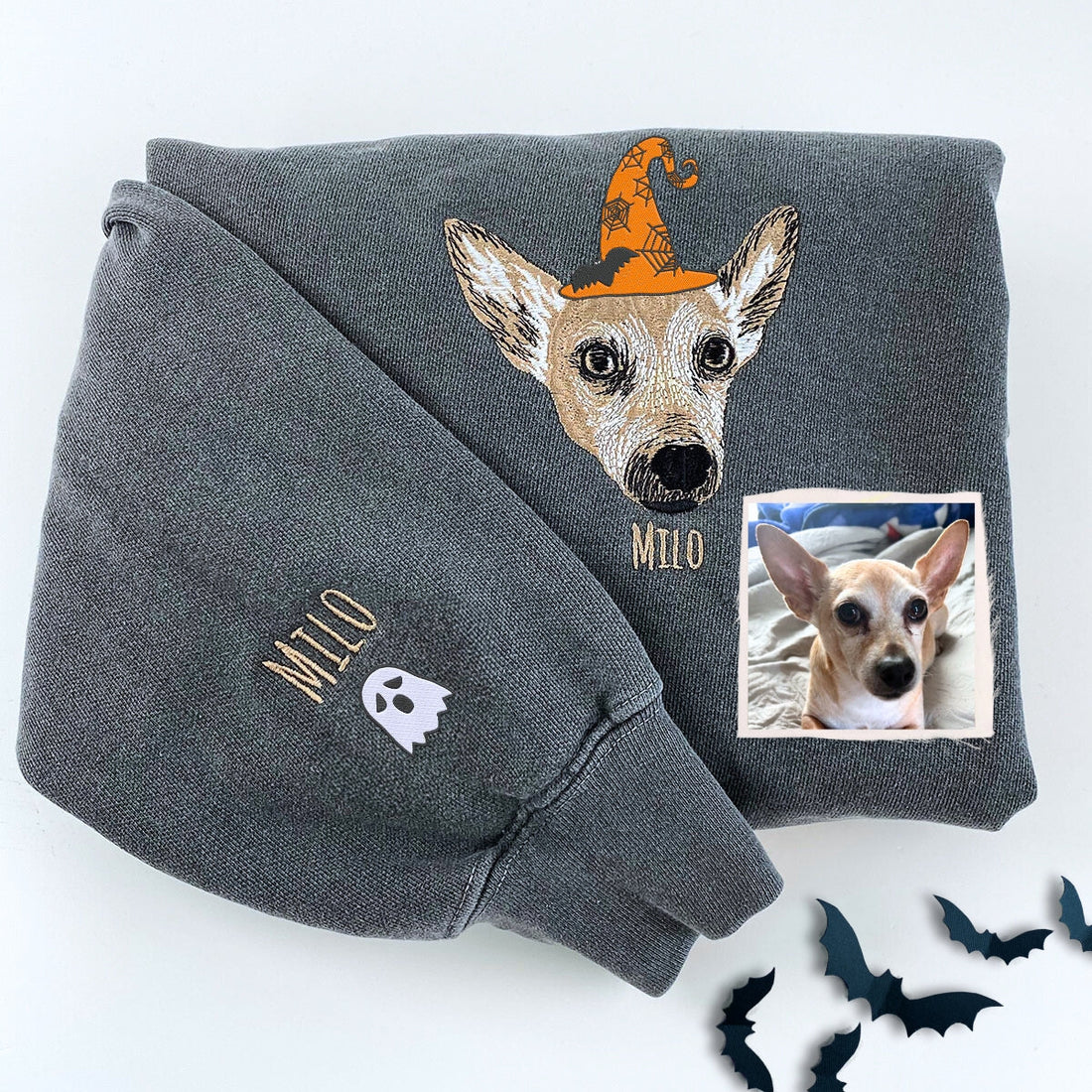 Comfort ColorsÂ® Custom Embroidered Dog Portrait with Halloween Witch Hat Portrait T-Shirt or Sweatshirt