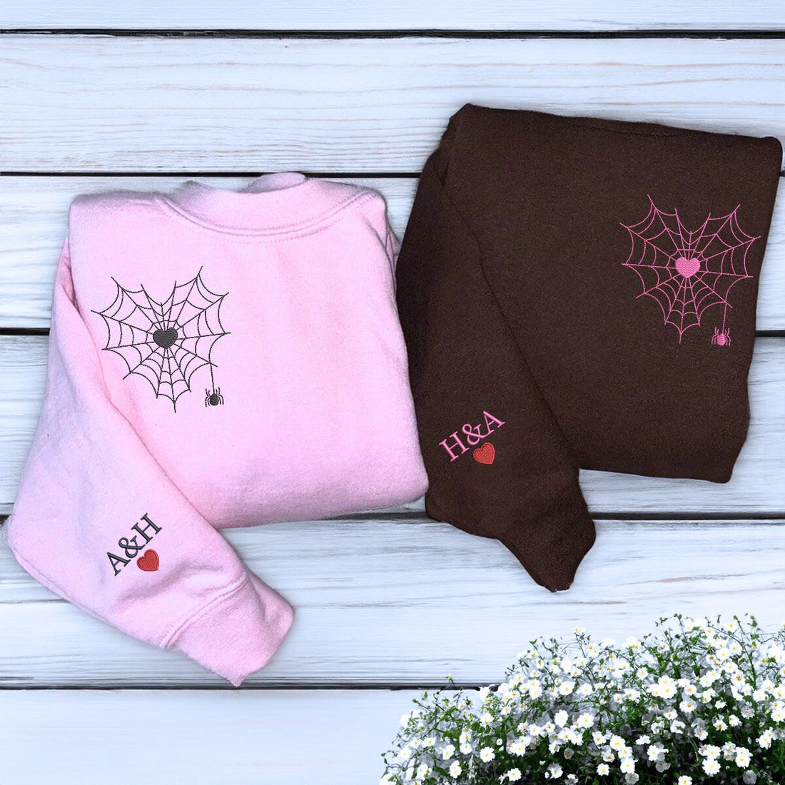 Custom Embroidered Couple Heart Spider Matching Sweatshirt or Hoodie
