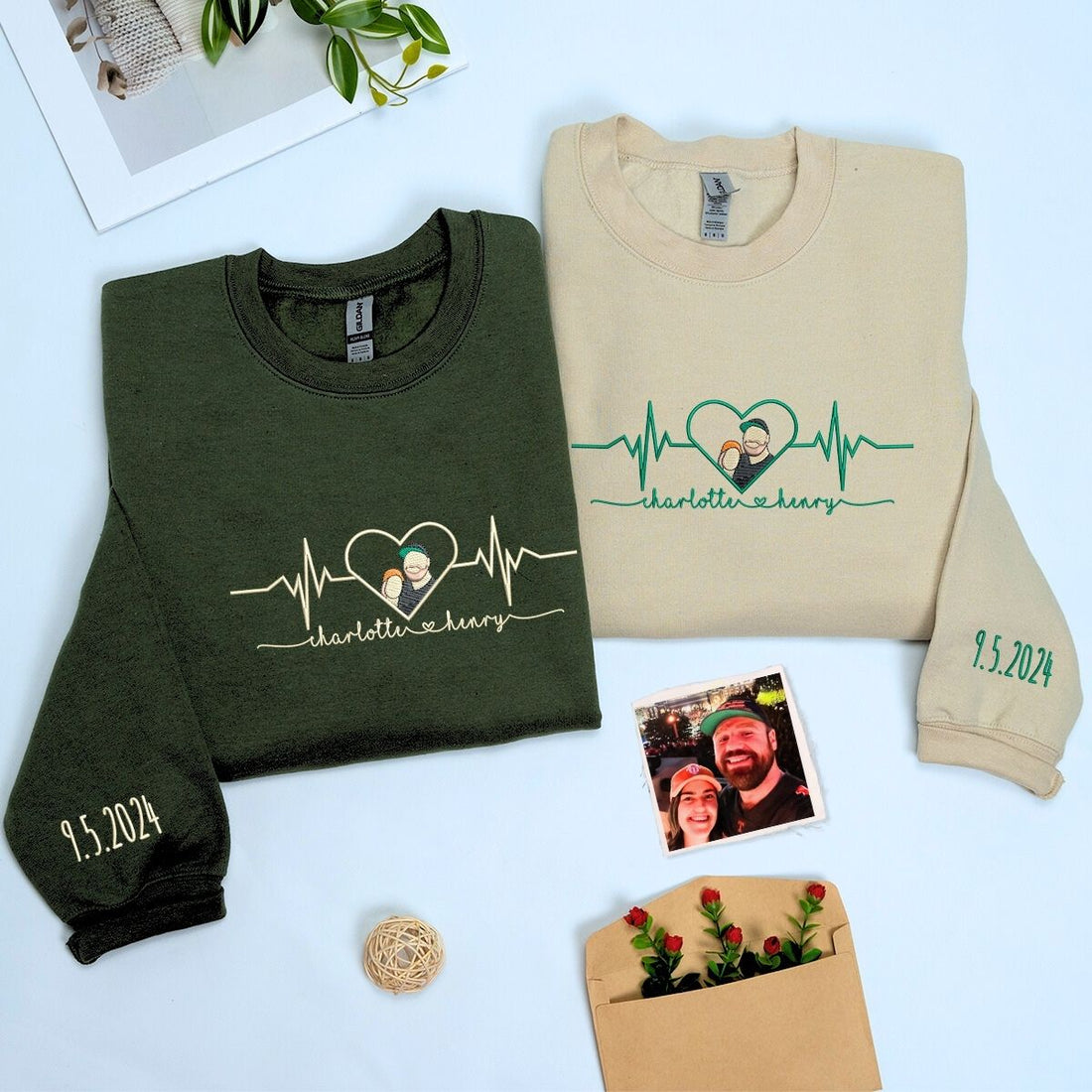 Custom Embroidered Heartbeat Photo Portrait Matching Couple Sweatshirt or Hoodie