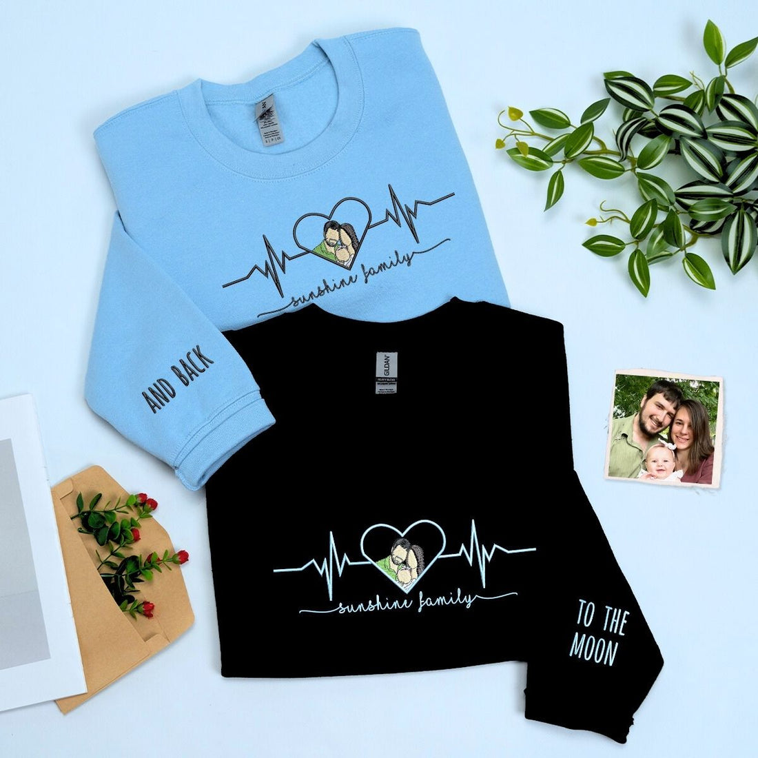 Custom Embroidered Heartbeat Photo Portrait Matching Couple Sweatshirt or Hoodie