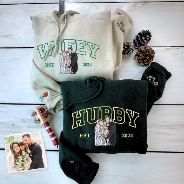Custom Varsity Hubby and Wifey Sweatshirt or Hoodie, Embroidered Gift for Newlyweds