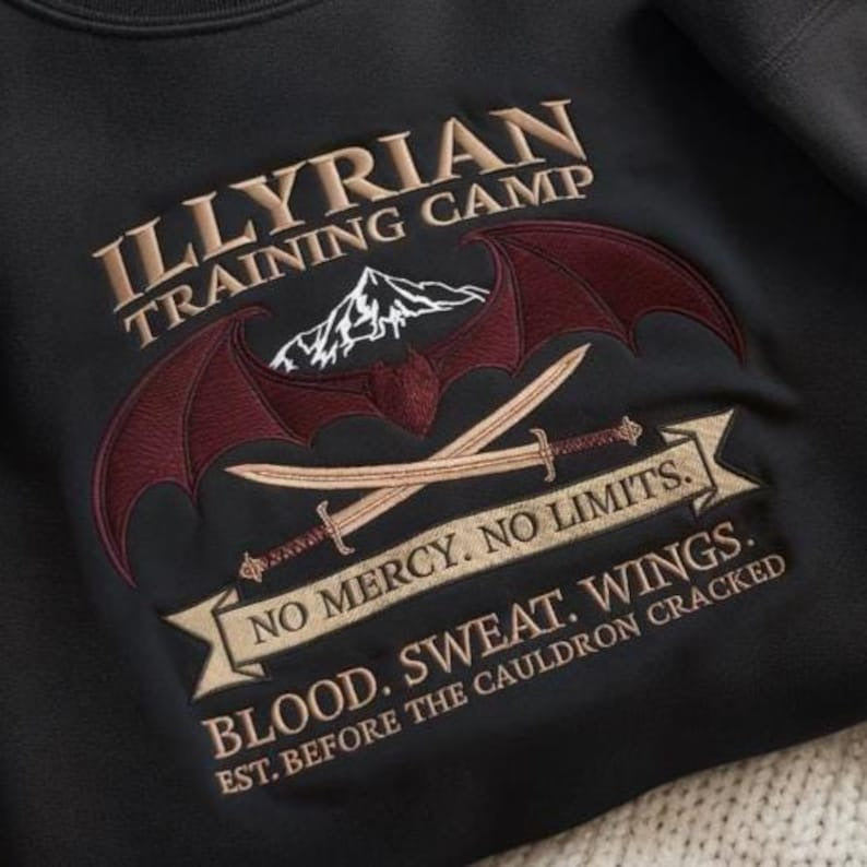 Illyrian Training Camp Embroidered Sweatshirt, ACOTAR Valkyrie Sweatshirt, No Mercy No Limits Wingspan Gift, BookTok Fantasy Sweatshirt