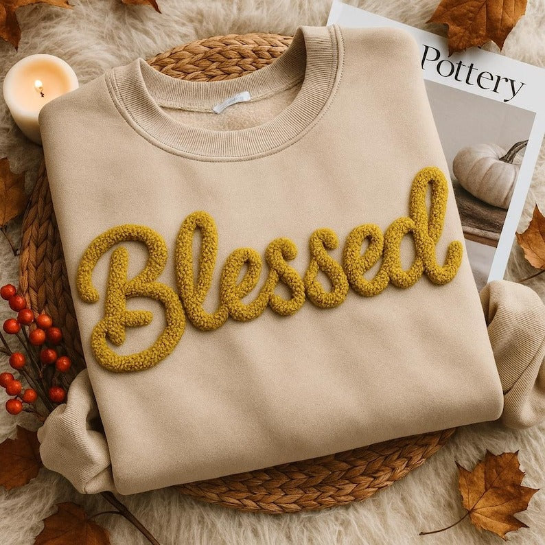 JOLLY Chenille Yarn Embroidered Sweatshirt, Merry Sweatshirt, Cozy Sweatshirt, Matching Holiday Pullover, Festive Unisex Winter Sweater