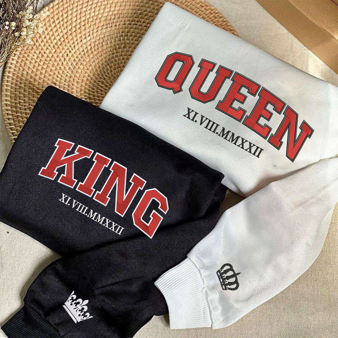 Custom Embroidered King and Queen Roman Numeral Matching Hoodies for Couples