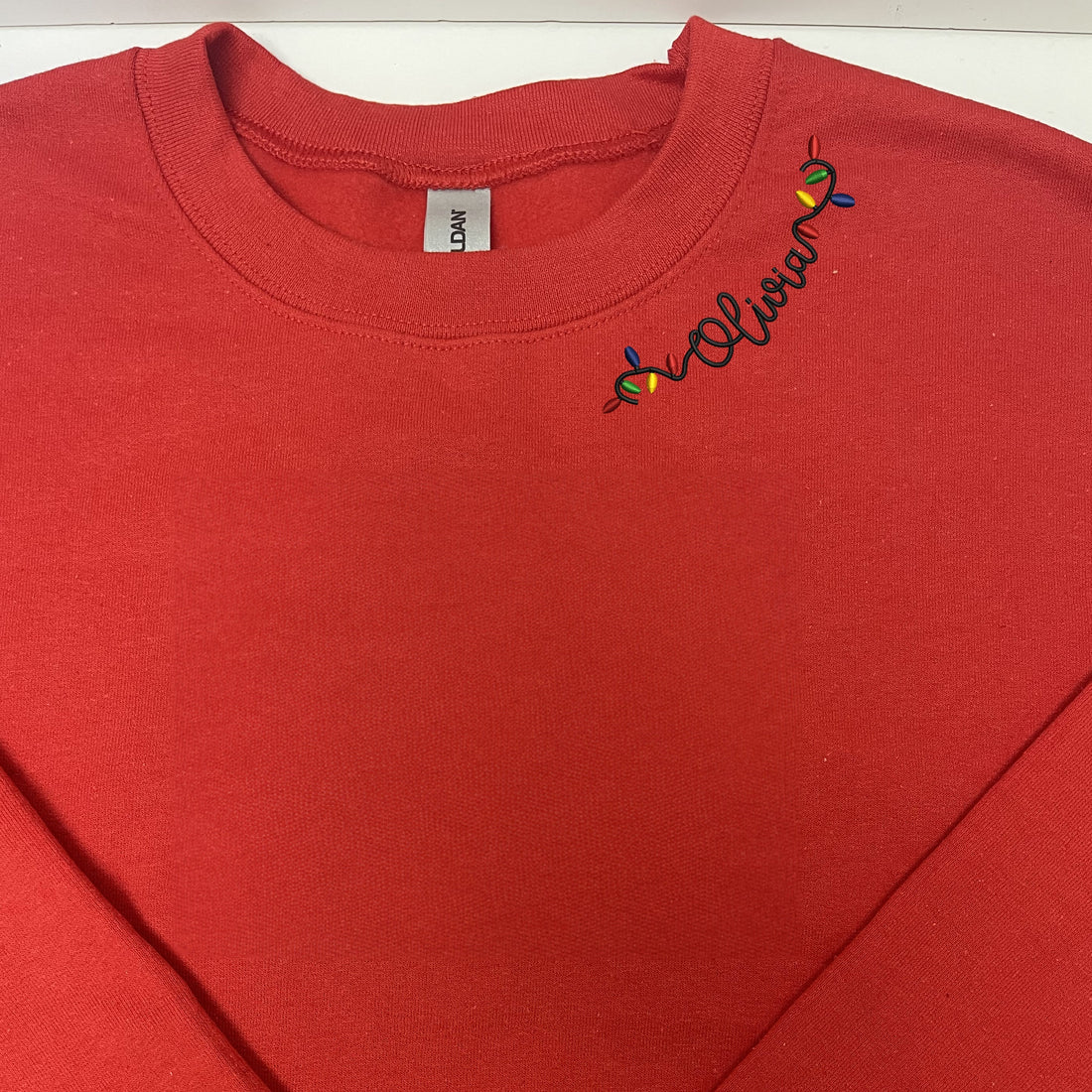 Custom Embroidered Christmas Sweatshirt, Personalized Christmas Light Name on Neckline Crewneck or Hoodie