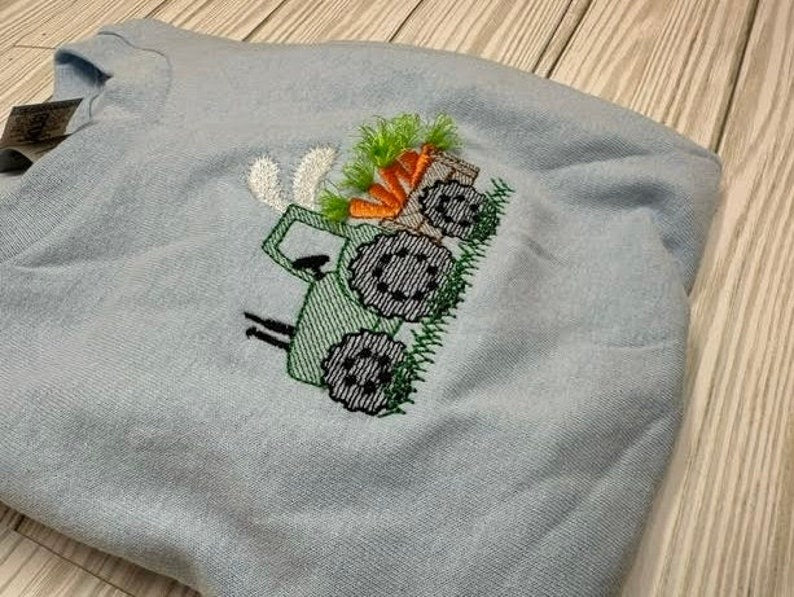 Light Stitch Easter Tractor Boys Fluffy Embroidered Sweatshirt, Fringe Embroidered Sweatshirt, Embroidered Sweatshirt