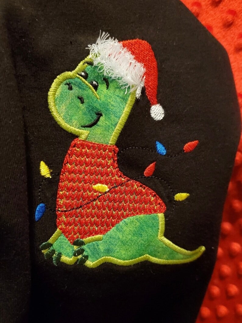 Little Dinosaur Santa Christmas Lights Fluffy Embroidered Sweatshirt, Fringe Embroidered Sweatshirt, Embroidered Sweatshirt
