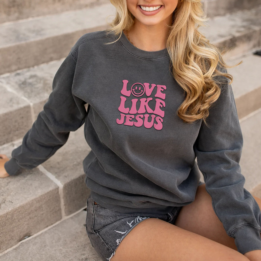 Comfort ColorÂ® Embroidered Love Like Jesus T-Shirt or Sweatshirt