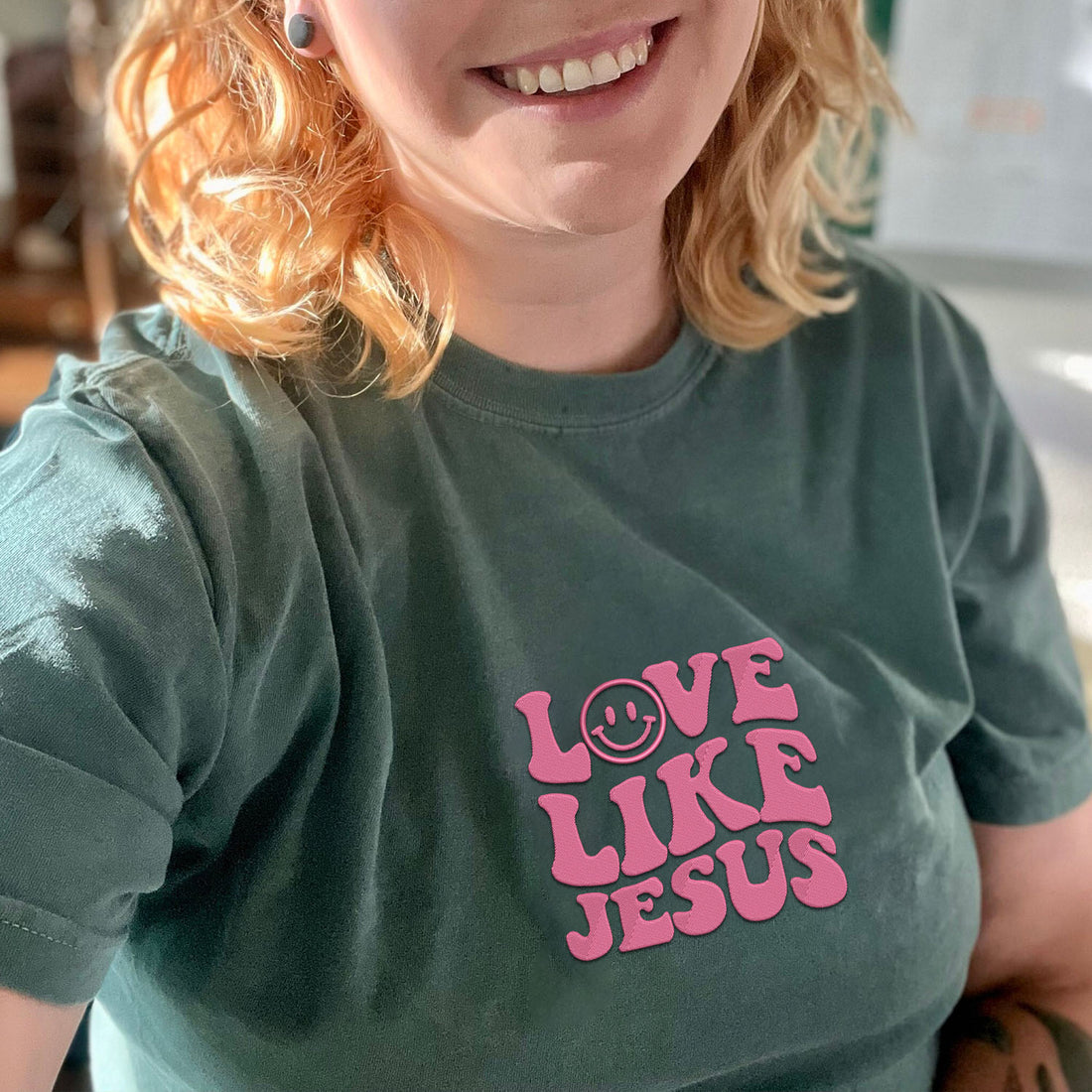 Comfort ColorÂ® Embroidered Love Like Jesus T-Shirt or Sweatshirt