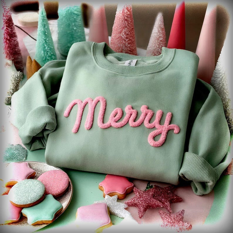 MERRY Christmas Sweatshirt Custom EMBROIDERED Chenille YARN Sweatshirt Christian Gifts Custom Trending Now Christmas Gifts Holiday Shirt